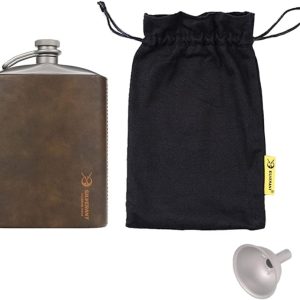 SILVERANT 248 ml Balon de titan, Sanblasted, Balon de șold ușor, Balon de buzunar pentru rucsac pentru camping, Husă din piele PU