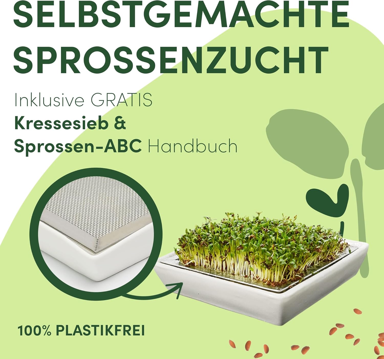 Green SEEDS® Cress Sieve Set de 1 sită din oțel inoxidabil cu tavă de propagare cu bol din ceramică de înaltă calitate 14 x 14 cm Se poate spăla în spălat vase și rezistentă la rugină + germinare ABC (E-Book) - Image 2