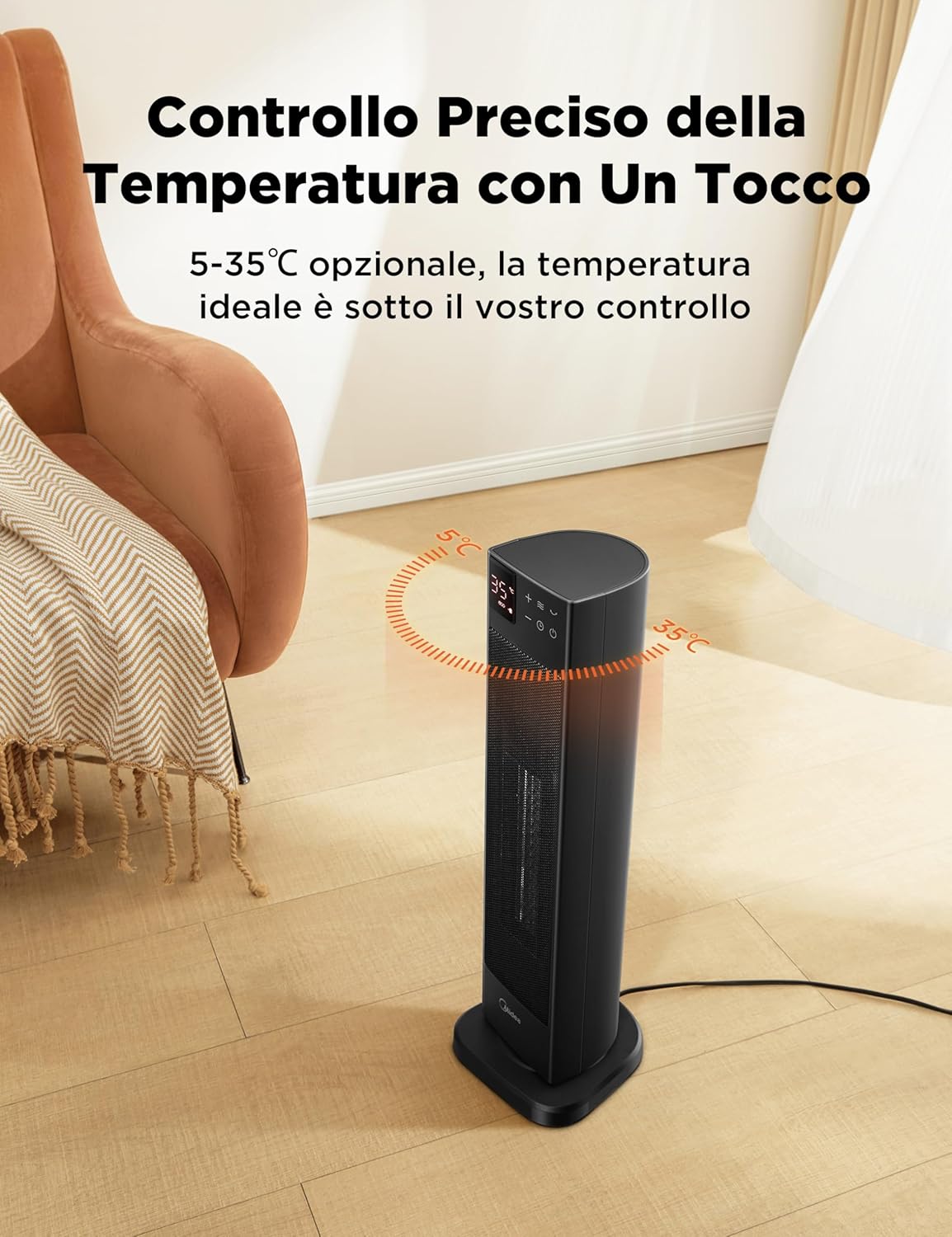 Midea NTH20-22ER Încălzitor electric de mică putere cu încălzitor ventilator, 2000 W, tehnologie ceramică silentioasă, temporizator 24 ore, mod Eco, 2 niveluri de temperatură, termostat de cameră - Image 5