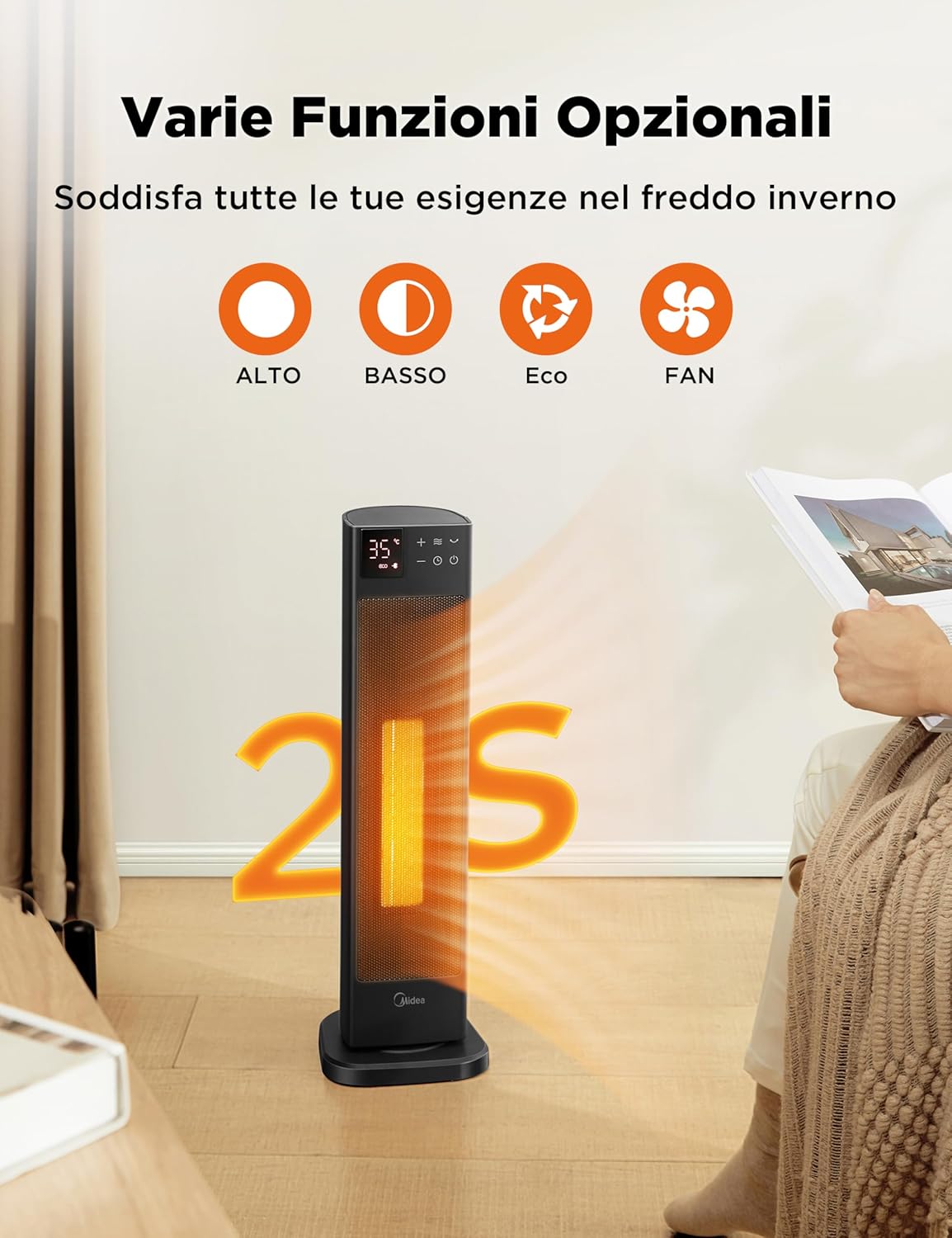 Midea NTH20-22ER Încălzitor electric de mică putere cu încălzitor ventilator, 2000 W, tehnologie ceramică silentioasă, temporizator 24 ore, mod Eco, 2 niveluri de temperatură, termostat de cameră - Image 4