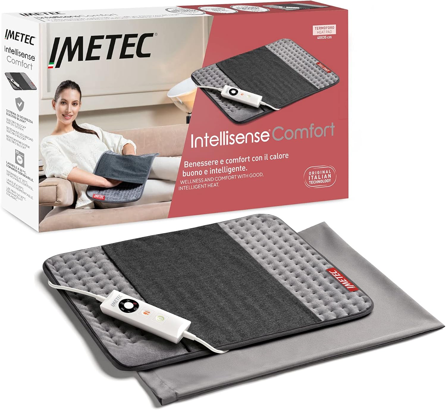 Imetec Intellisense Comfort Pad de încălzire multifuncțional ideal pentru spate și abdomen, buzunar pentru mâini, încălzire rapidă, țesătură hipoalergenică, 5 temperaturi, sistem de siguranță bloc electric, lavabil