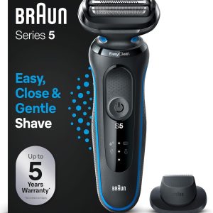 Aparat de ras electric Braun Series 5 cu atasament EasyClick si aparat de tuns de precizie, aparat de ras electric pentru barbati, EasyClean, umed si uscat, cadou pentru om, fabricat in Germania, 51-B1200s, albastru