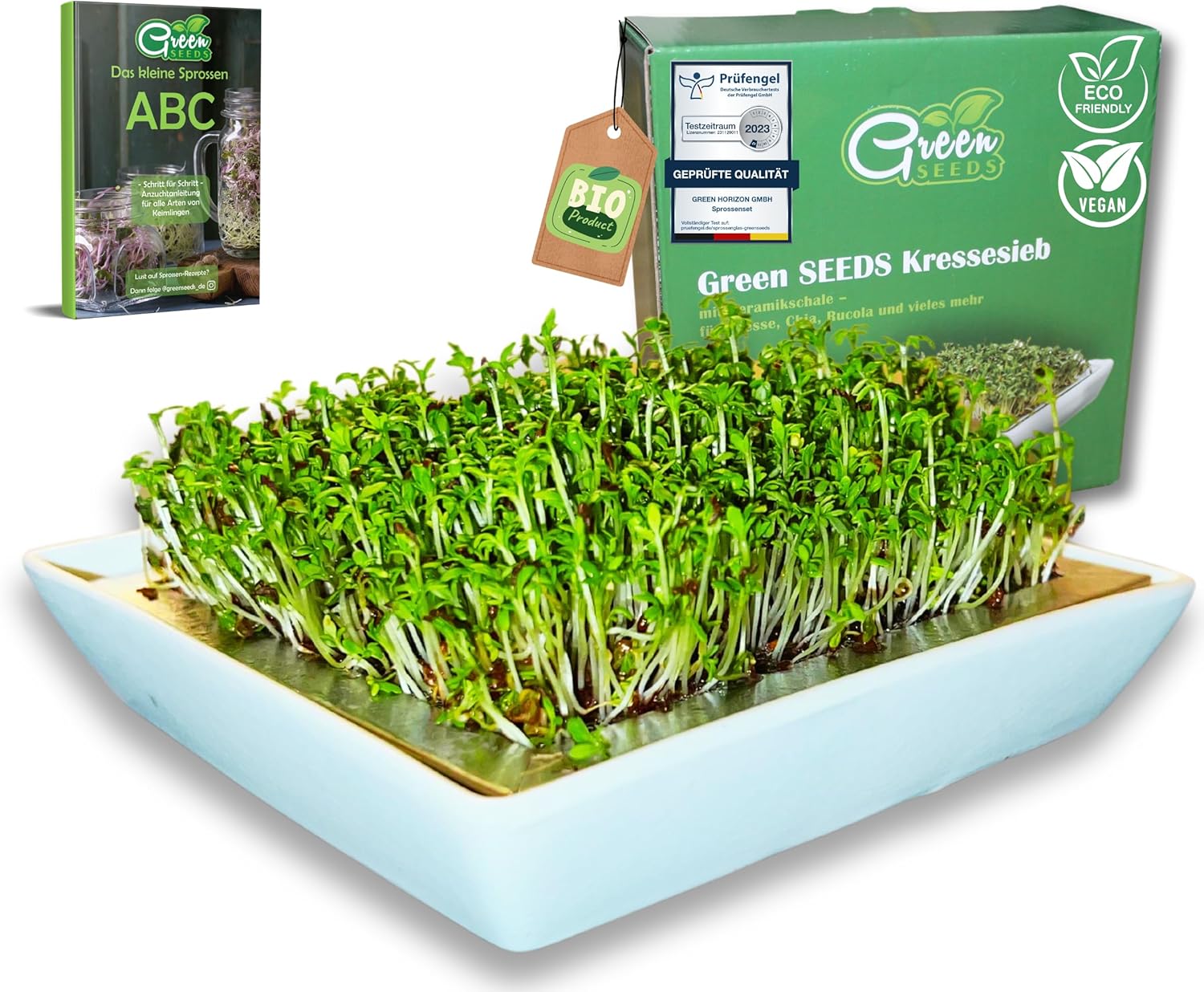 Green SEEDS® Cress Sieve Set de 1 sită din oțel inoxidabil cu tavă de propagare cu bol din ceramică de înaltă calitate 14 x 14 cm Se poate spăla în spălat vase și rezistentă la rugină + germinare ABC (E-Book)