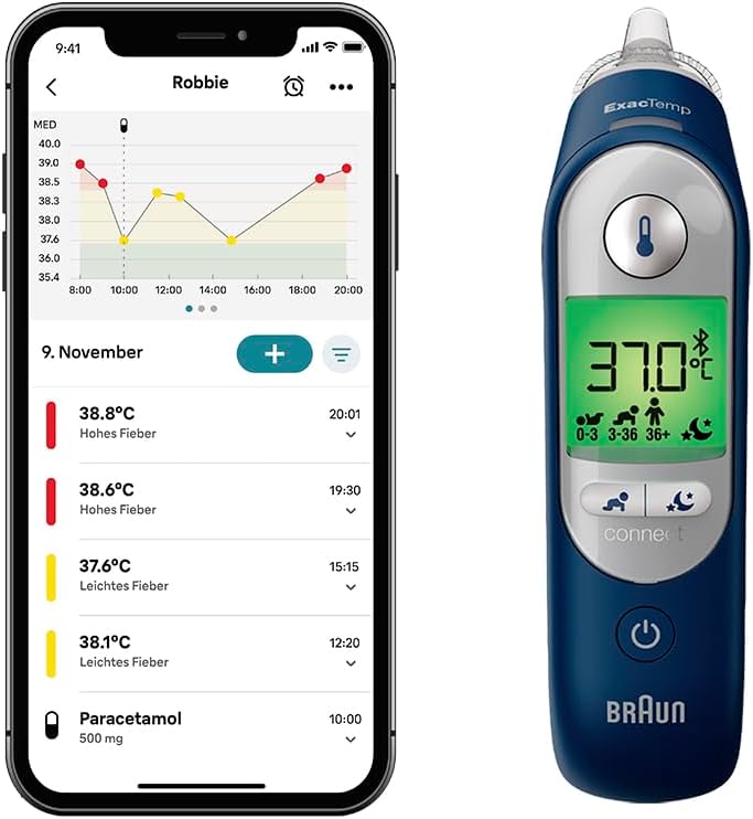 Termometru auricular Braun ThermoScan® 7+ Connect, compatibil cu aplicația Braun Family Care™, tehnologie Age Precision®, afișaj digital codificat prin culori, potrivit pentru bebeluși și copii mici