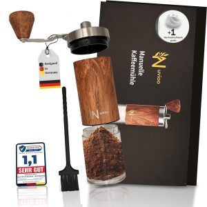 Râșniță de cafea manuală din lemn Nuvioo cu râșniță ceramică reglabilă infinit - 8 niveluri de măcinare - Râșniță de cafea practică și depozitabilă pentru orice tip de cafea Espresso Râșniță de cafea manuală pentru exterior