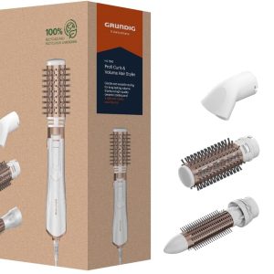 Aparat de coafat GRUNDIG HS 7280 pentru volum și bucle, 1200 W, funcție ionică, 4 accesorii de coafat, înveliș ceramic de înaltă calitate, 2 niveluri de temperatură și flux de aer, setare rece, pentru toate lungimile de păr, auriu/alb