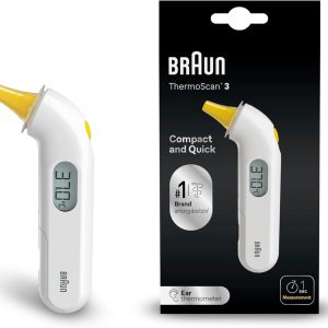 Termometru de ureche Braun ThermoScan 3, măsurare rapidă, în 1 secundă, notificare acustică pentru febră, afișaj digital, potrivit pentru bebeluși și copii mici, marca numărul 1 în domeniul medicilor, IRT3030
