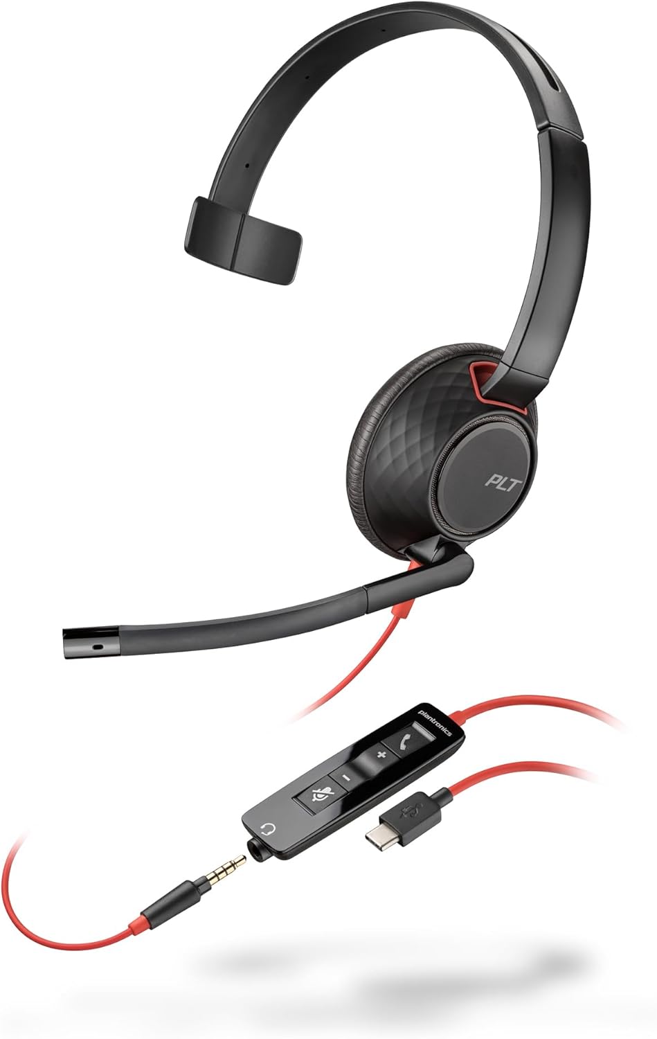 Căști cu fir Poly Blackwire 5210 (Plantronics) Microfon flexibil cu braț și anulare a zgomotului - O singură ureche - Conectați-vă la PC/dispozitive mobile prin USB-C, USB-A sau 3,5 mm, Compatibil: Teams, Zoom