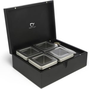Set de 6 cutii de ceai elegante, negre, mari, cu linguriță de măsurat pentru ceai