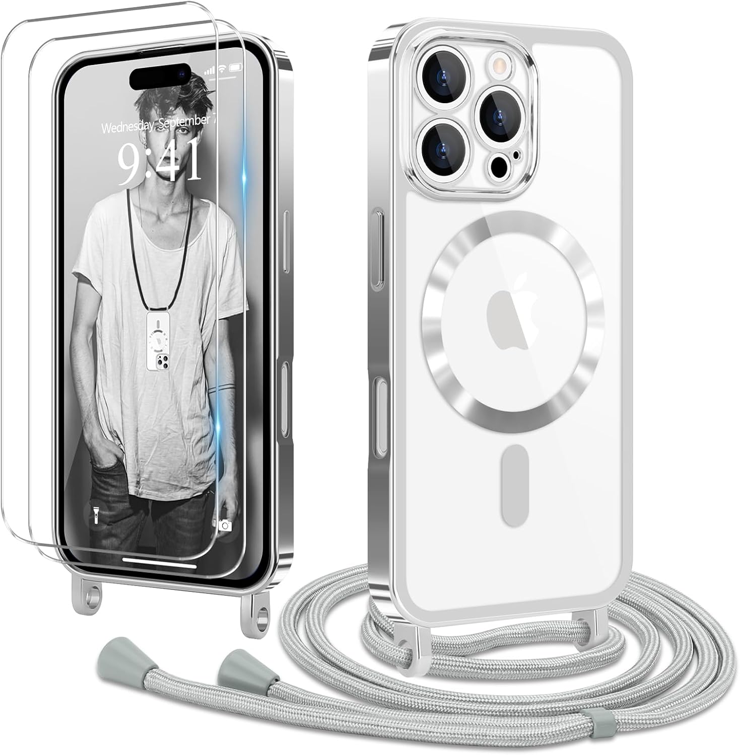 Lanț de telefon Ethanger pentru iPhone 16 Pro, Husă cu curea + 2 folii de protecție pentru ecran, Husă de telefon mobil din silicon transparent, Husă de protecție magnetică cu curea pentru iPhone 16 Pro, Argintiu