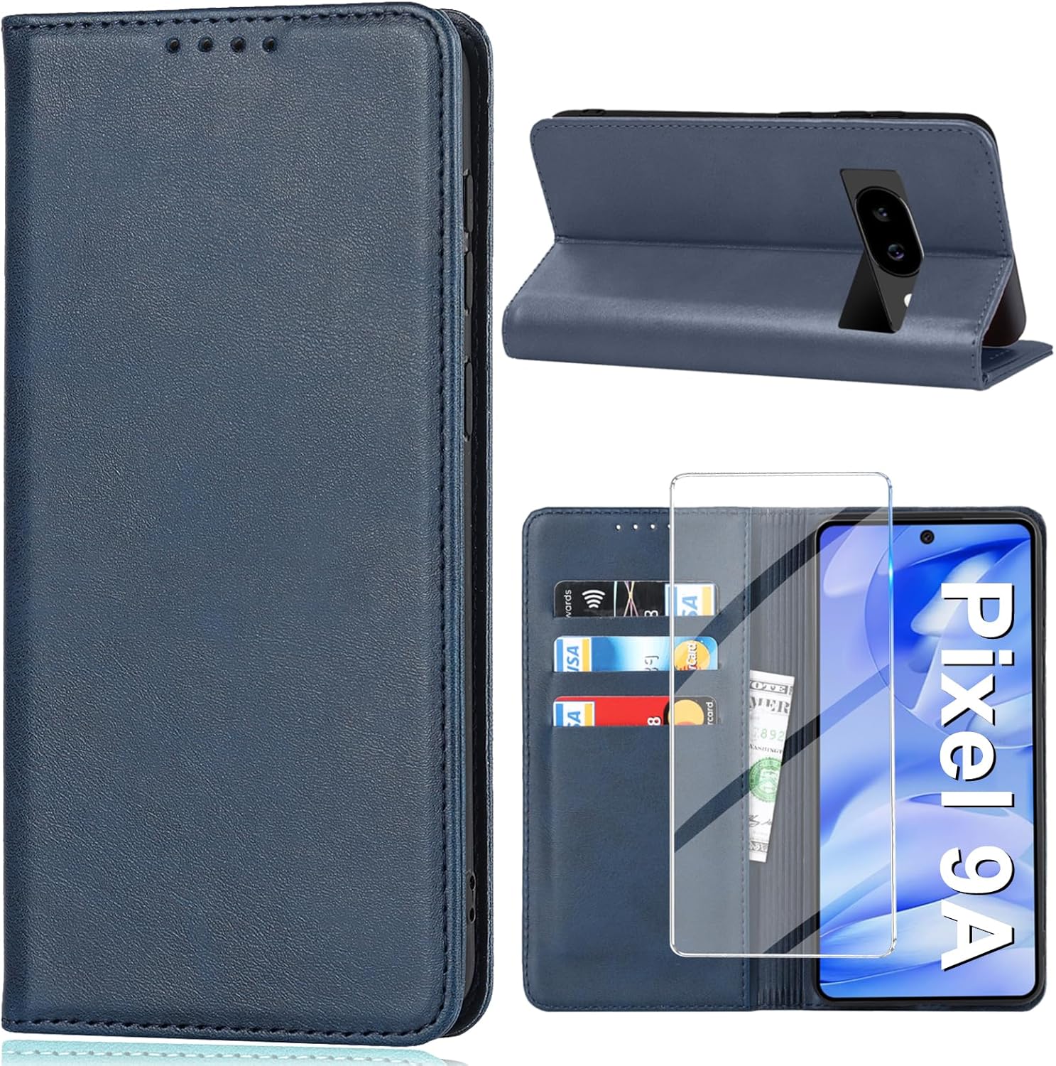 Husă de telefon mobil pentru Google Pixel 9A cu protecție pentru ecran, husă de protecție din piele PU pentru Pixel 9A, portofel, slot pentru card, funcție de suport, husă cu clapă pentru Google 9A (albastru)
