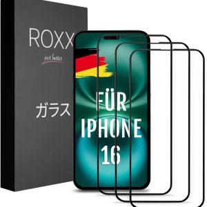 Sticlă de protecție Roxx Neo Japanese 9H 3D (pachet de 3) | Acoperire completă a ecranului | Pentru iPhone 16 | Întăritor | Mai transparent | Mai rezistent la zgârieturi | Se închide perfect cu husele ROXX