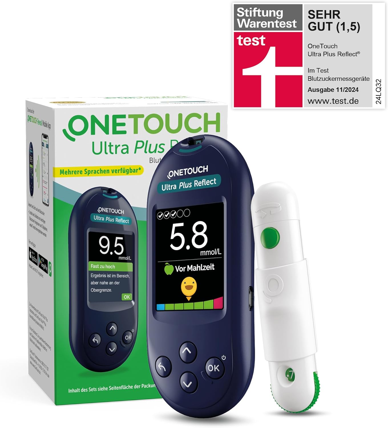 Glucometru OneTouch Ultra Plus Reflect® (mmol/L), 1 glucometru, 10 benzi de testare, 10 lancete, 1 dispozitiv de înțepare și 1 cutie, Test de calitate Foarte bun (1,5)