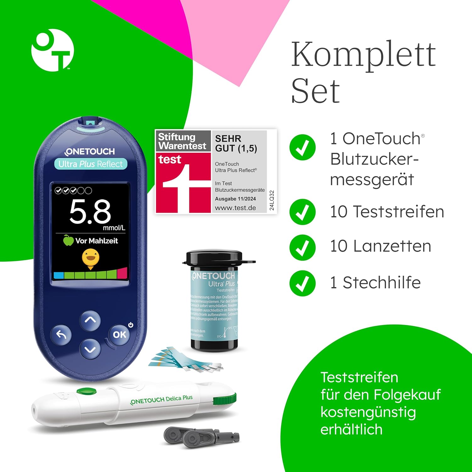 Glucometru OneTouch Ultra Plus Reflect® (mmol/L), 1 glucometru, 10 benzi de testare, 10 lancete, 1 dispozitiv de înțepare și 1 cutie, Test de calitate Foarte bun (1,5) - Image 2