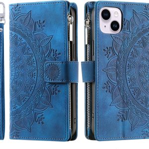 Carcasă telefon mobil VEEMOS pentru iPhone 15 Plus, pliabilă, cu flori, carcasă de protecție cu clapă și slot pentru card, carcasă tip carte, carcasă cu clapă și suport - Albastră