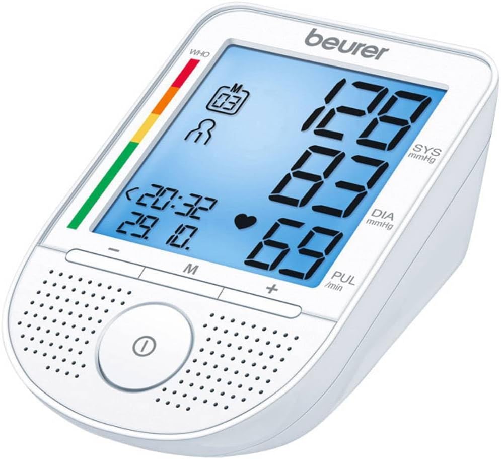 Tensiometru vorbitor Beurer BM 49 (DE, FR, IT, NL) cu indicator de risc și detectare a aritmiei, două memorii utilizator cu 60 de sloturi de memorie, mesaj de eroare al aplicației