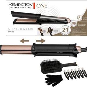 Placă de îndreptat și ondulat Remington ONE [Multistyler 2 în 1] Mod de îndreptare/ondulare cu suprafață exterioară încălzită comutabilă (include perie, cleme, mănușă, afișaj digital 150-230°)