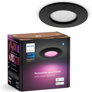 Lampă încastrată inteligentă Philips Hue, subțire, 90 mm, lumină albă și colorată, compatibilă cu Bluetooth, control vocal cu Alexa, Apple Home și Google Assistant, neagră, pachet de 1