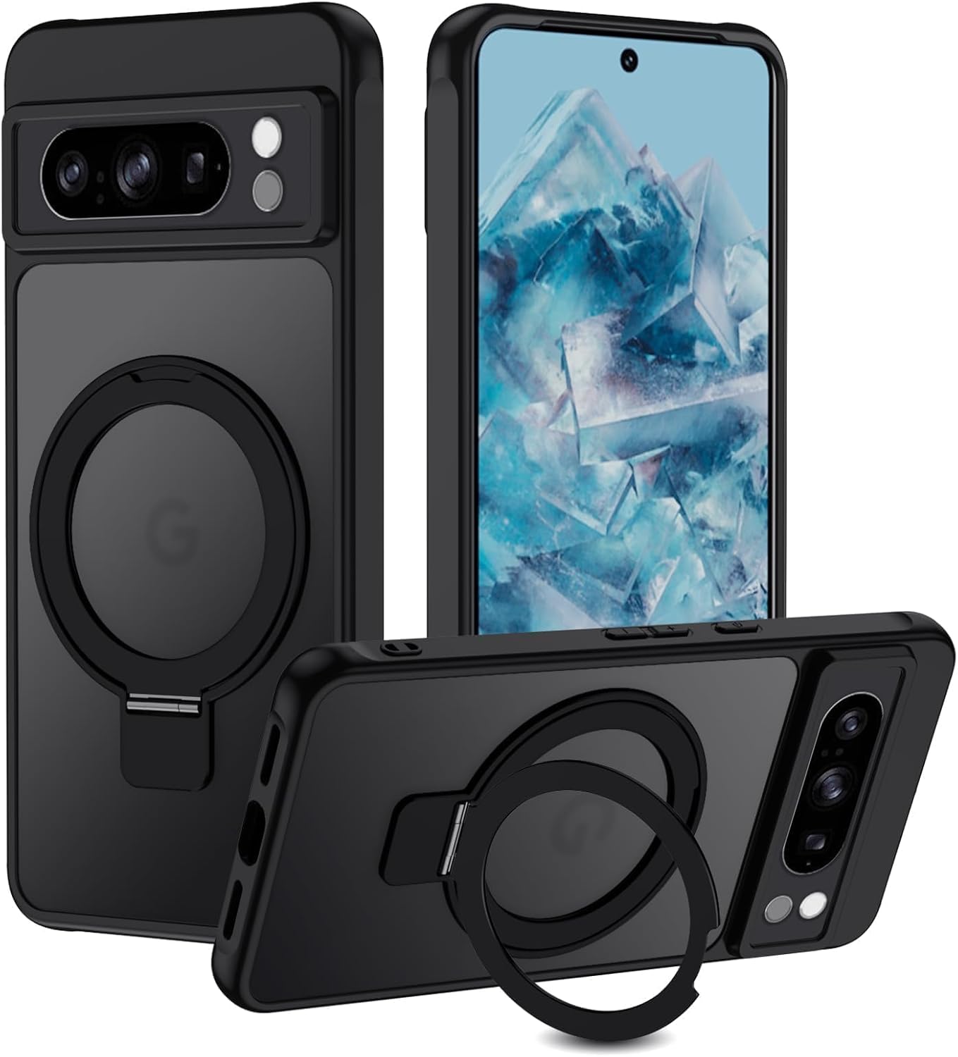 Carcasă magnetică cu suport pentru Google Pixel 8 Pro, compatibilă cu MagSafe, silicon lichid, rezistentă la șocuri și zgârieturi, neagră
