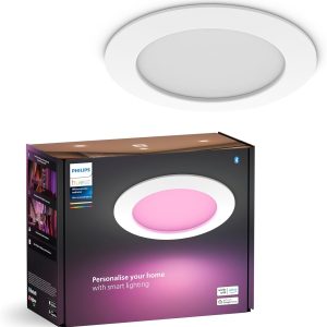 Lampă încastrată Philips Hue Smart Slim, 170 mm, lumină albă și colorată, compatibilă cu Bluetooth, control vocal cu Alexa, Apple Home și Google Assistant, alb, pachet de 1