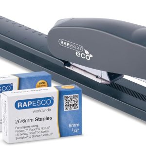 Rapesco 1480 790 Capsator cu braț lung rezistent, cu mecanism de încărcare frontală și capse Gems 24/8 mm, capse 26/6 mm și 1000 de bucăți, negru