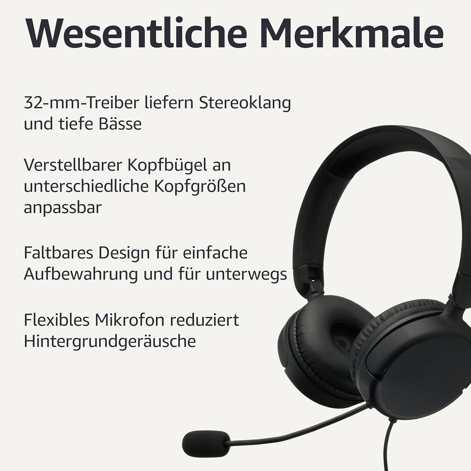 Căști cu fir Amazon Basics cu microfon pliabile, mărime universală, negre - Image 2