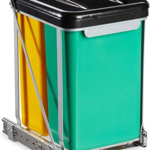 Relaxdays 10030062_1231 Coș de gunoi încorporat, 2 compartimente, coș de gunoi extensibil pentru dulapuri de bază, 8 L, capac, 39,5 x 30 x 25,5 cm, negru, polipropilenă, 2 găleți