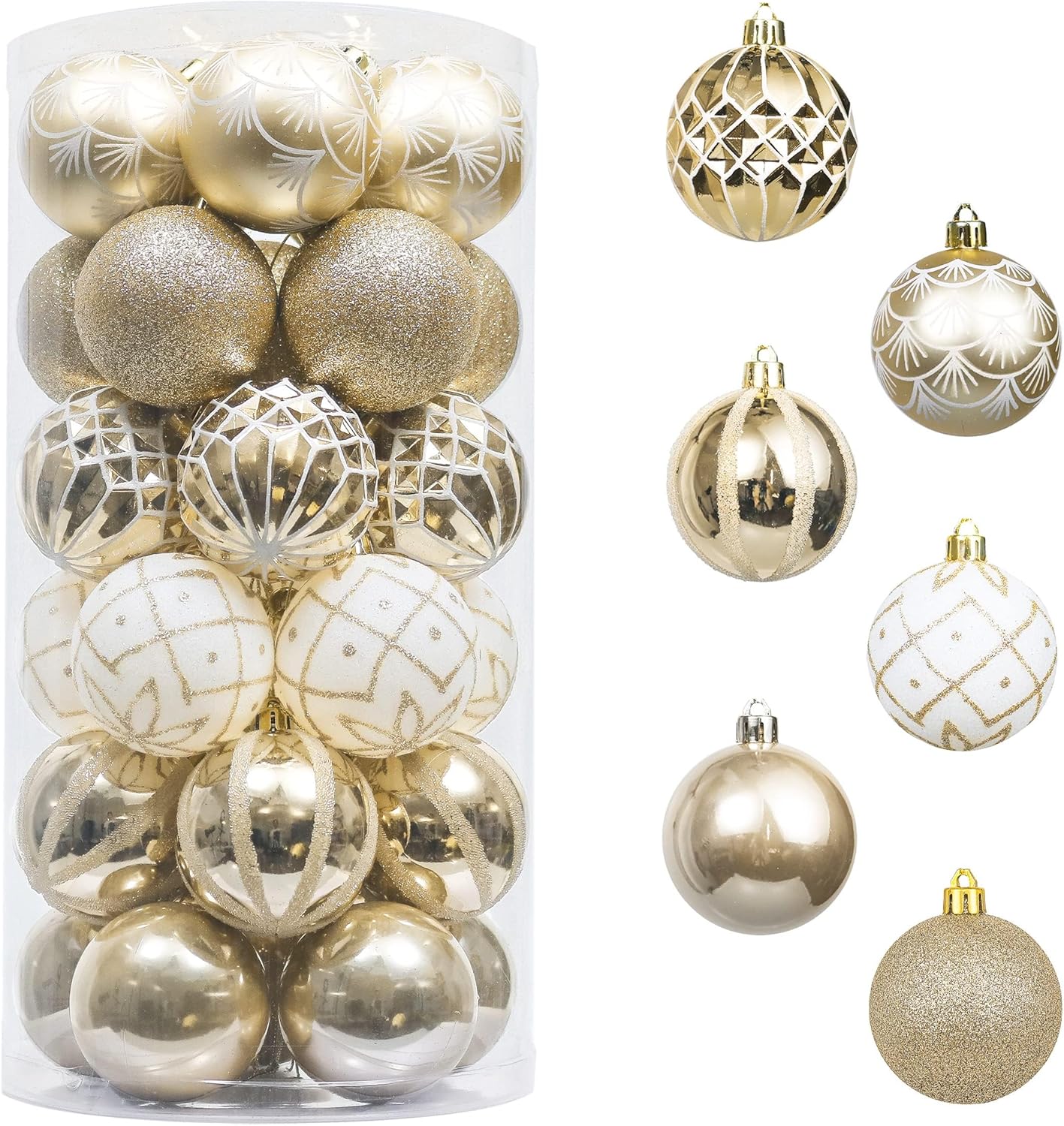 Globuri de Crăciun Valery Madelyn, 30 de bucăți, 6 cm, globuri de Crăciun pentru brad, decorațiuni de Crăciun din plastic incasabil, cu pandantiv pentru petrecere, decor elegant de Crăciun, temă elegantă, auriu alb.