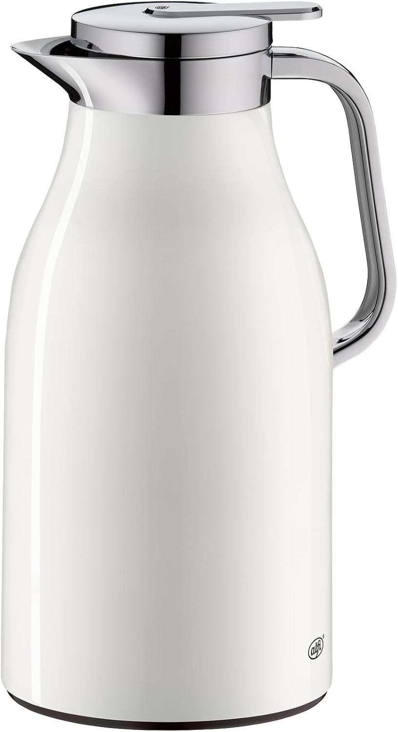 Alfi Skyline Thermos, ulcior termos din oțel inoxidabil, culoare albă, cu pereți dubli din sticlă securizată Alfidur, 1,5 litri 1321.211.150. Cană termoizolantă care menține băuturile calde timp de 12 ore, potrivită ca și cafetieră sau ceainic.