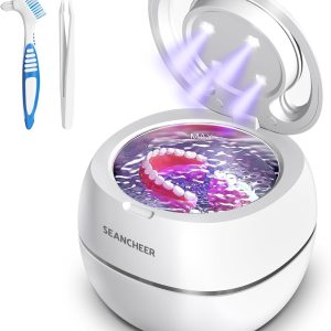 Dispozitiv de curățare cu ultrasunete 48000Hz Curățător cu ultrasunete 24W 180ML Curățător cu ultrasunete cu lampă UV Baie cu ultrasunete pentru proteze dentare Retainer Aligner Proteză Atelă dentară Bijuterii (alb)