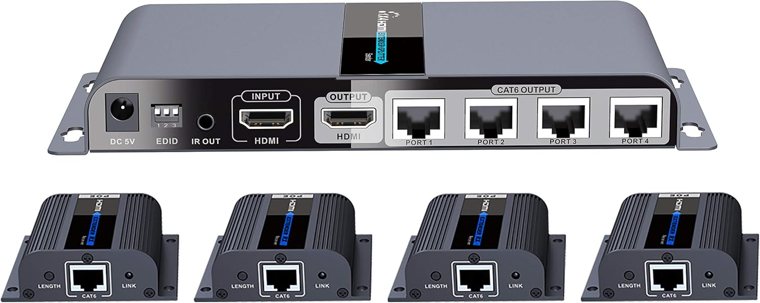 Splitter HDMI 1-4 PremiumCord + 4x Extender prin cablu patch CAT6 / 6a / 7, cu sursă de alimentare, carcasă metalică, rezoluție video Full HD 1080p 60Hz, 3D, HDCP, culoare negru