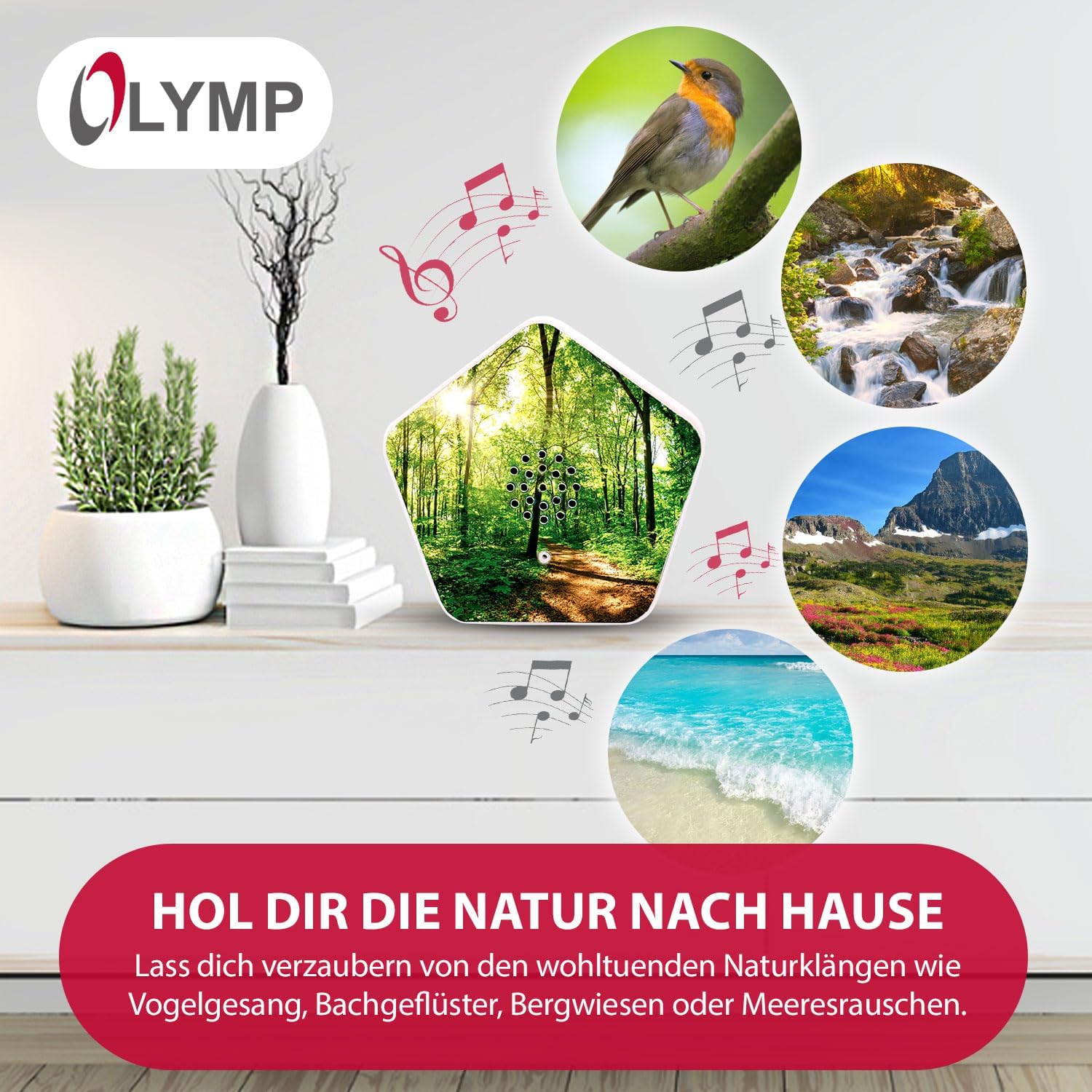 Cutie muzicală Olymp Sounds of Nature | Sunete naturale pentru relaxare și pace | Cutie de sunete cu cântec de păsări, șoapte de pârâu, pajiști montane, zgomot de mare | Cutie muzicală cu senzor de mișcare și control individual al volumului - Image 2