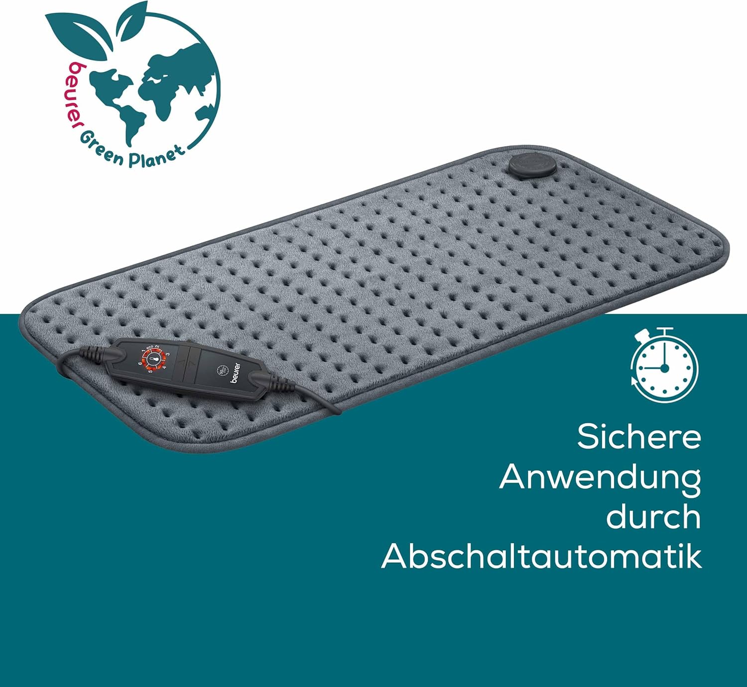 Pernă încălzitoare Beurer HK 123 Green Planet, fabricată în Europa, partea superioară și inferioară din material 100% reciclat, moale și pufoasă, 60 x 30 cm, 6 niveluri de temperatură și oprire automată, lavabilă la mașină, gri - Image 3