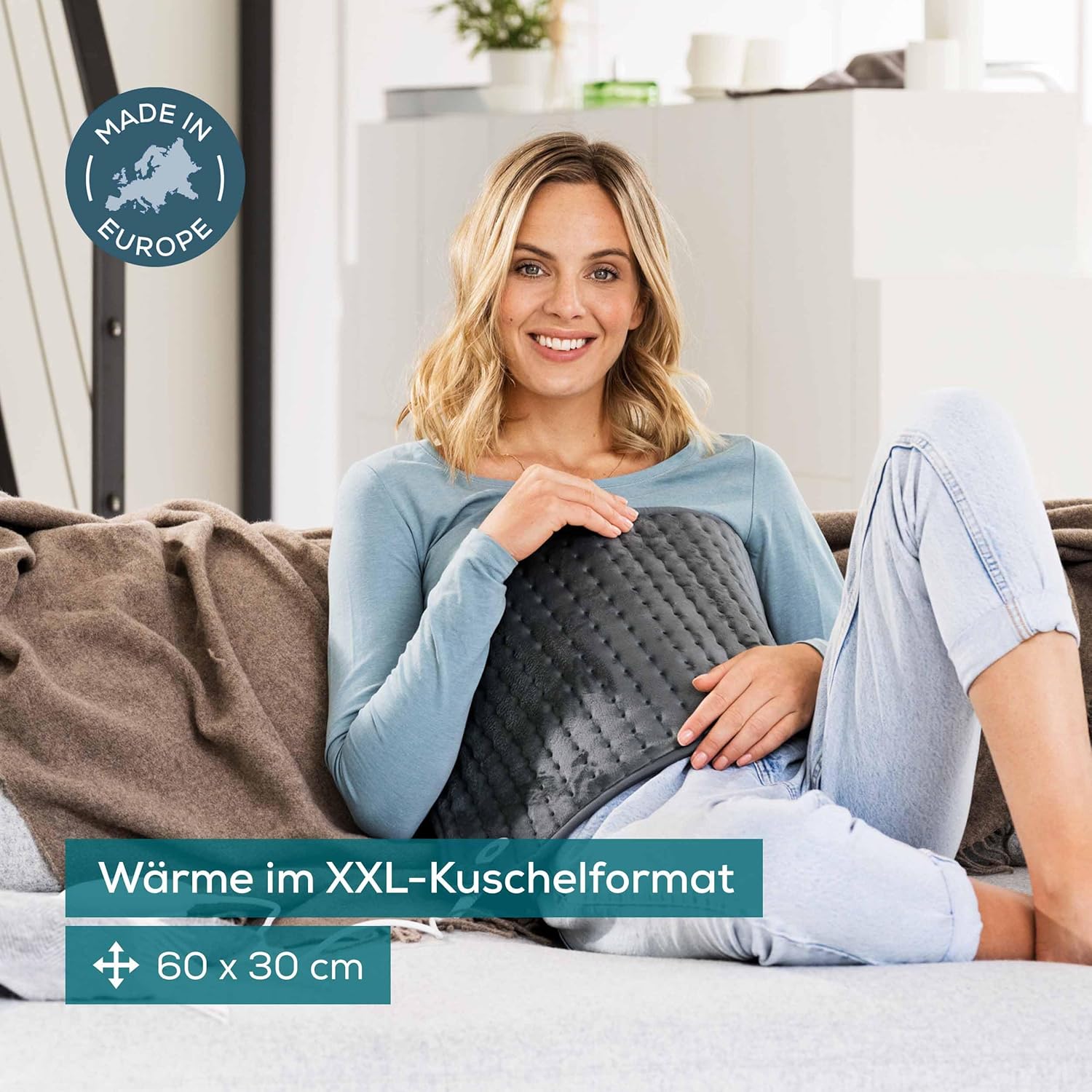 Pernă încălzitoare Beurer HK 123 Green Planet, fabricată în Europa, partea superioară și inferioară din material 100% reciclat, moale și pufoasă, 60 x 30 cm, 6 niveluri de temperatură și oprire automată, lavabilă la mașină, gri - Image 2