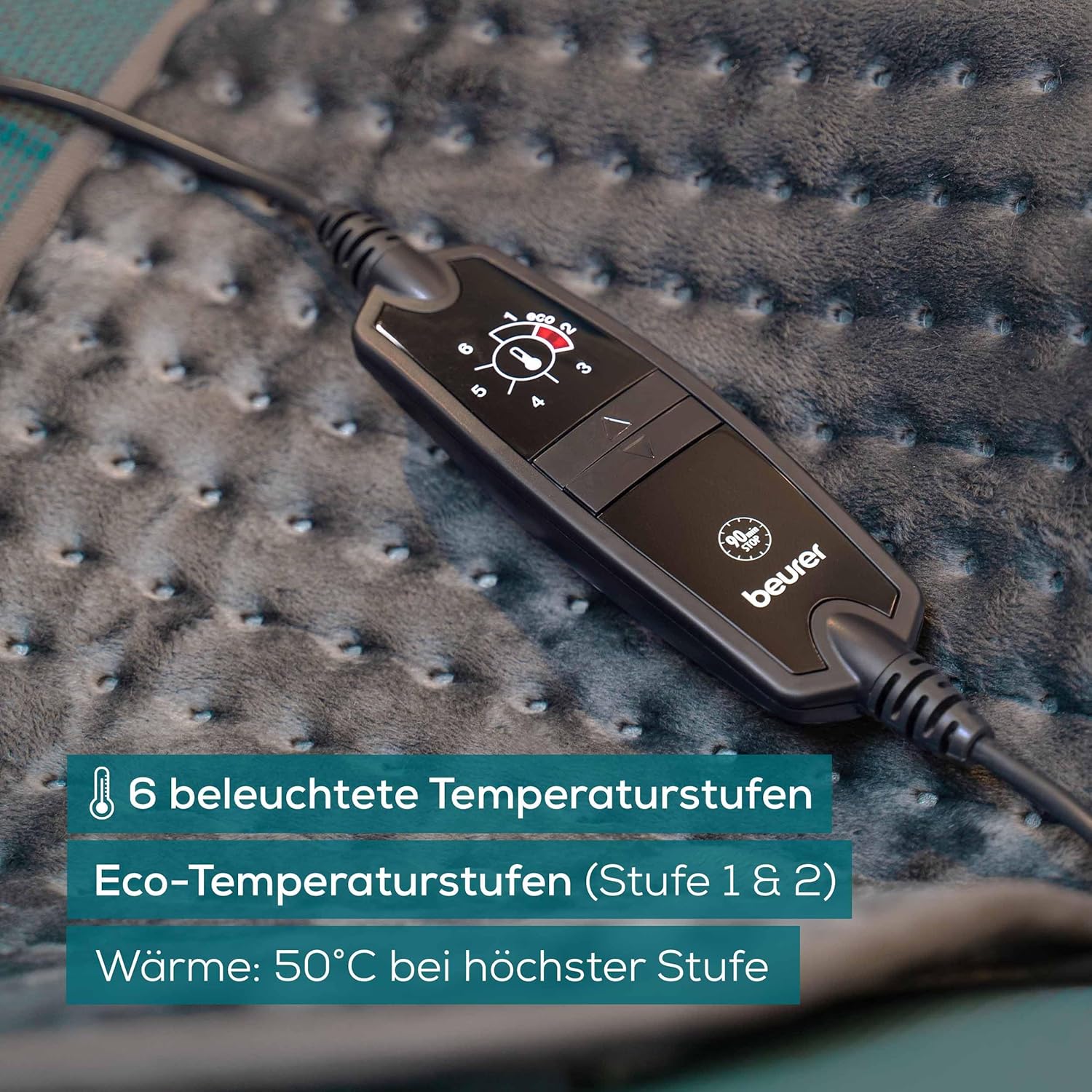 Pernă încălzitoare Beurer HK 123 Green Planet, fabricată în Europa, partea superioară și inferioară din material 100% reciclat, moale și pufoasă, 60 x 30 cm, 6 niveluri de temperatură și oprire automată, lavabilă la mașină, gri - Image 5