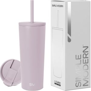 Cană izotermă simplă și modernă cu capac cu pai și capac rabatabil, reutilizabilă, sticlă de apă din oțel inoxidabil pentru ceai rece, cafea cu gheață, cană de călătorie, Colecția Classic, 680 ml, aromă de lavandă