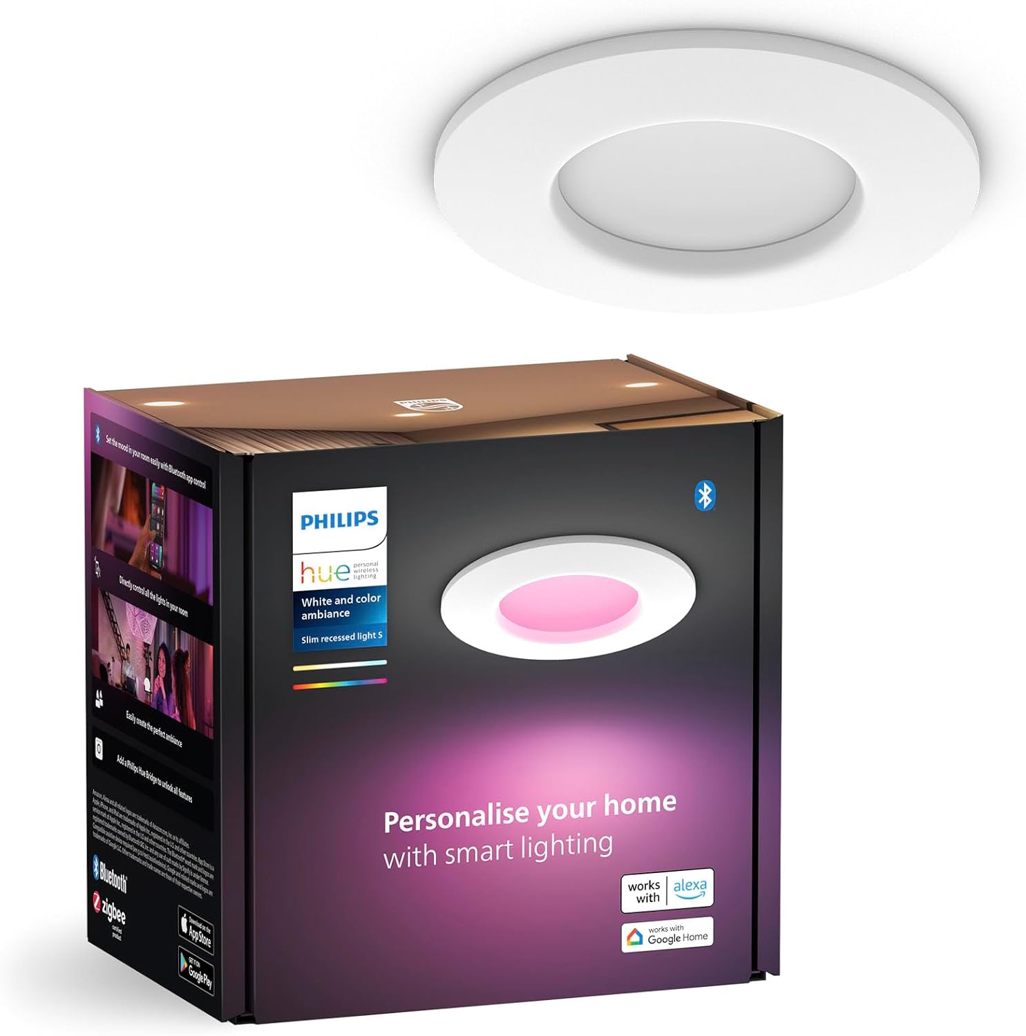 Lampă încastrată inteligentă Philips Hue, subțire, 90 mm, lumină albă și colorată, compatibilă cu Bluetooth, control vocal cu Alexa, Apple Home și Google Assistant, albă, pachet de 1