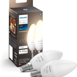 Becuri LED Philips Hue White E14 în formă de lumânare, pachet de 2 (470 lm), becuri LED reglabile pentru sistemul de iluminat Hue cu lumină albă caldă, control inteligent al luminii prin voce și aplicație