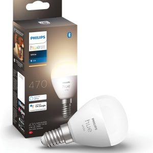Bec LED Philips Hue White E14 cu lumină tip picătură, pachet individual, reglabil intensitatea luminii, lumină albă caldă, controlabil prin aplicație, compatibil cu Amazon Alexa (Echo, Echo Dot), pachet de 1