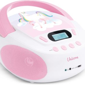 CD Player mooov 477407 pentru copii cu difuzoare, USB, mufă pentru căști, port AUX IN - Boombox CD Player portabil - alimentat de la rețea sau cu baterii - model Unicorn - roz/alb
