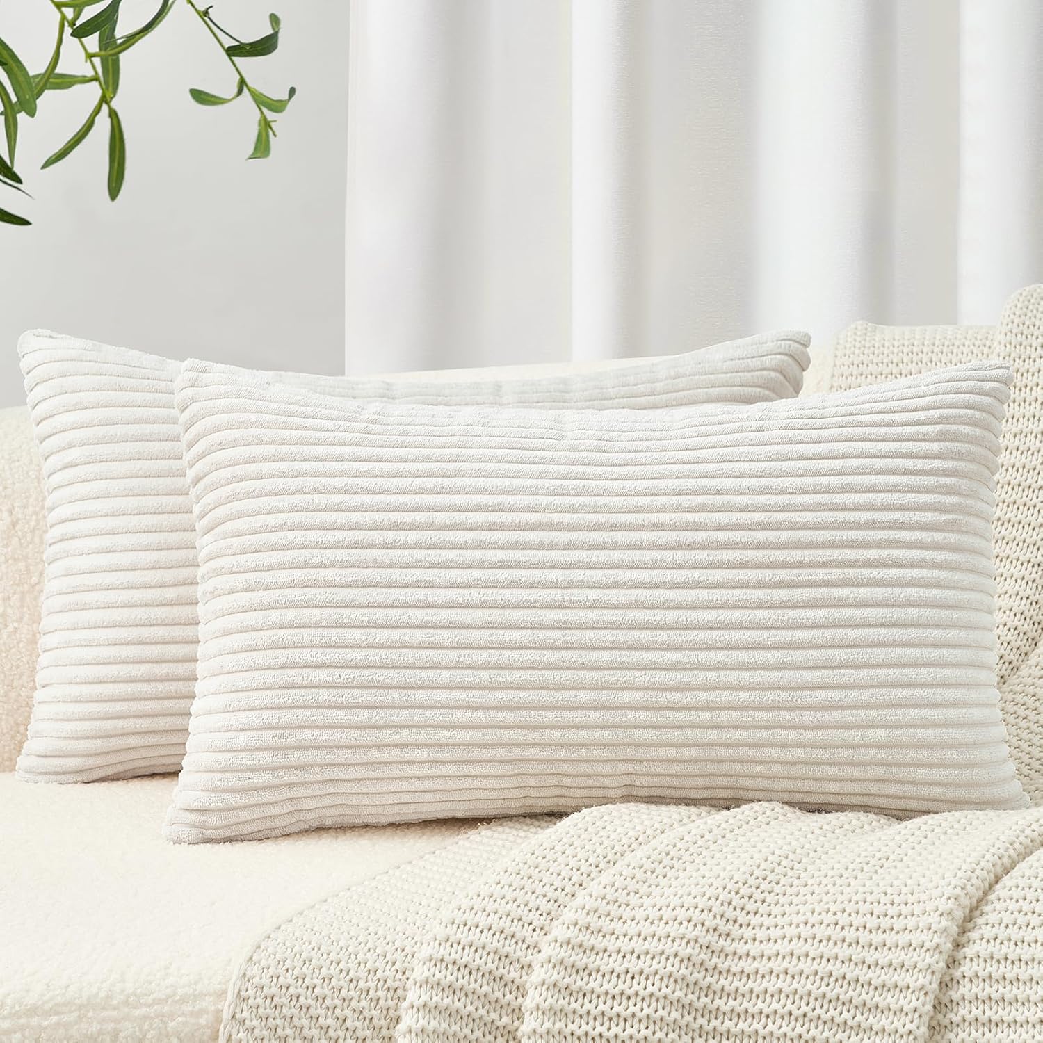 Husă de pernă Topfinel, 30 x 60 cm, catifea reiată crem, set de 2, model cu dungi, huse de pernă, huse decorative pentru pernă, pernă canapea, pernă canapea, huse decorative pentru pernă pentru sufragerie