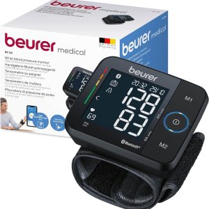 Tensiometru Beurer BC 54 pentru încheietura mâinii, cu conexiune la aplicație, tehnologie de umflare, indicator de risc colorat și detectare a aritmiei, pentru circumferința încheieturii mâinii de la 13,5 la 21,5 cm, pachet de 1
