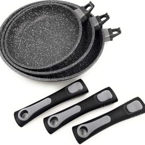 Set de 3 tigăi din piatră KLAUS, cu înveliș antiaderent de înaltă calitate, pentru toate tipurile de plite, inclusiv inducție. Potrivit pentru toate tipurile de plite. Cele 3 tigăi sunt detașabile.