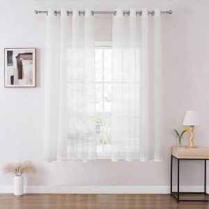 Perdele Joydeco cu ochiuri, Set transparent de 2, Perdea aspect voal, Perdea cu ochiuri, Perdea cu ochiuri, Perdea transparentă, Perdea scurtă pentru dormitor, Living, Perdea cu filet (Alb, 2 x H 122)