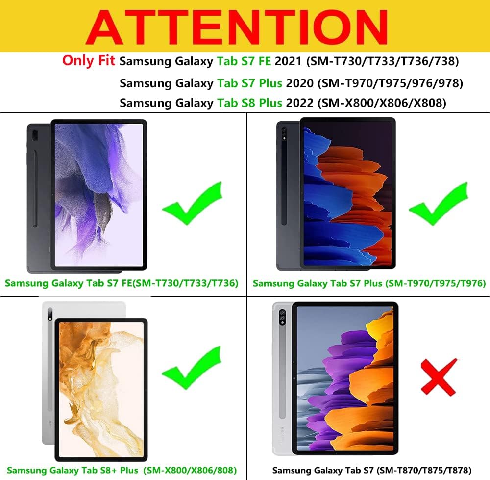 Husă pentru Samsung Tab S8+ S8 Plus 2022/S7 FE 2021/S7 Plus 2020 12,4 inci, piele PU cu funcție de suport rotativ, husă de protecție pentru tabletă Samsung Tab S7 FE/S8 Plus/S7 Plus, neagră - Image 2