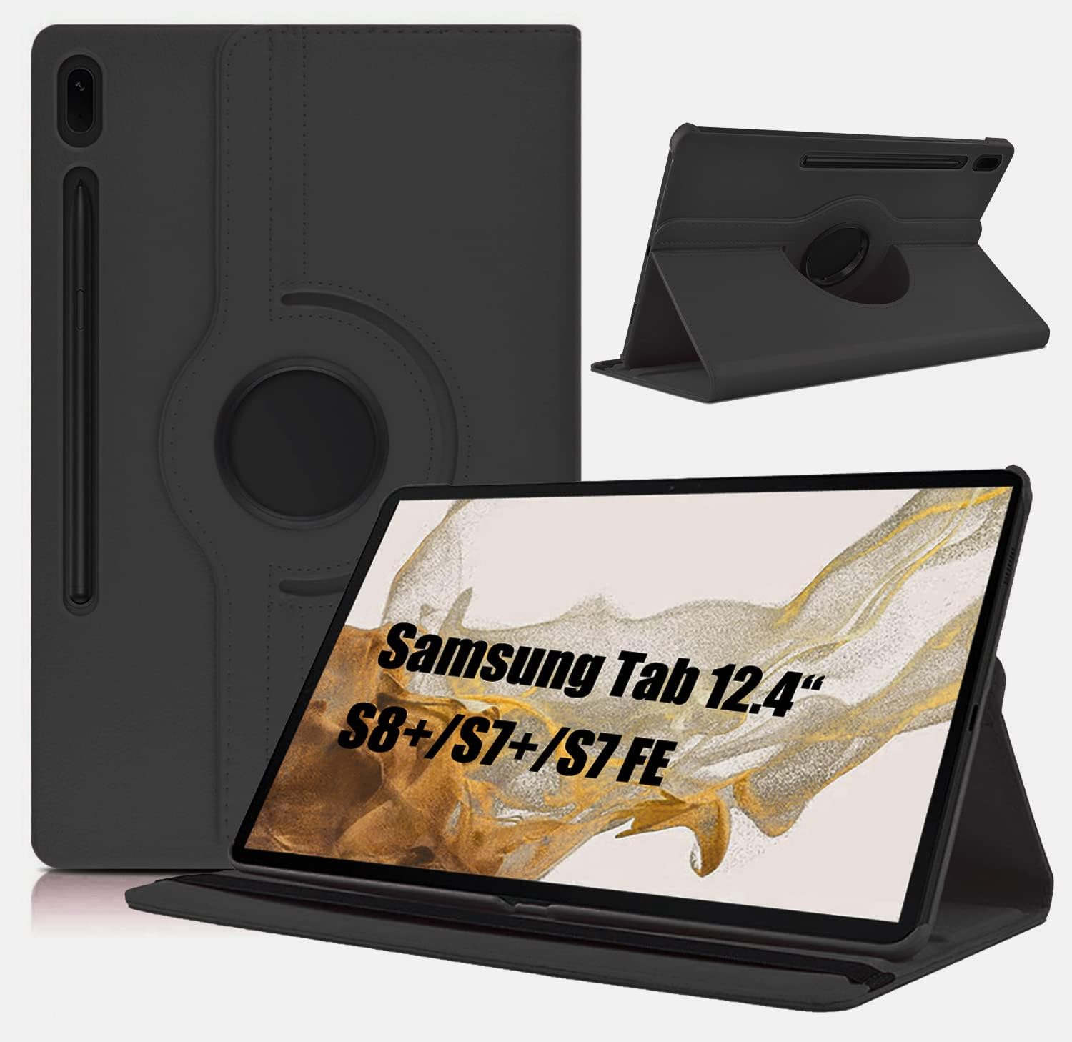 Husă pentru Samsung Tab S8+ S8 Plus 2022/S7 FE 2021/S7 Plus 2020 12,4 inci, piele PU cu funcție de suport rotativ, husă de protecție pentru tabletă Samsung Tab S7 FE/S8 Plus/S7 Plus, neagră