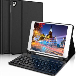 Husă portabilă ultra subțire KVAGO cu tastatură Bluetooth fără fir, tip clapetă, cu stylus HD, pentru Apple iPad Mini 3 de 8 inci, versiunea 2014 / Mini 2, neagră (iPad 9.7)
