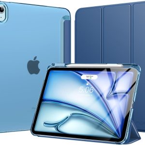 Husă MoKo pentru iPad Air 11 inch M3/M2 2025/2024, husă iPad Air a 5-a/a 4-a generație 10,9 inch 2022/2020 cu suport pentru creion, husă de protecție subțire și ușoară, pliabilă, cu spate rigid din PC translucid, albastru marin