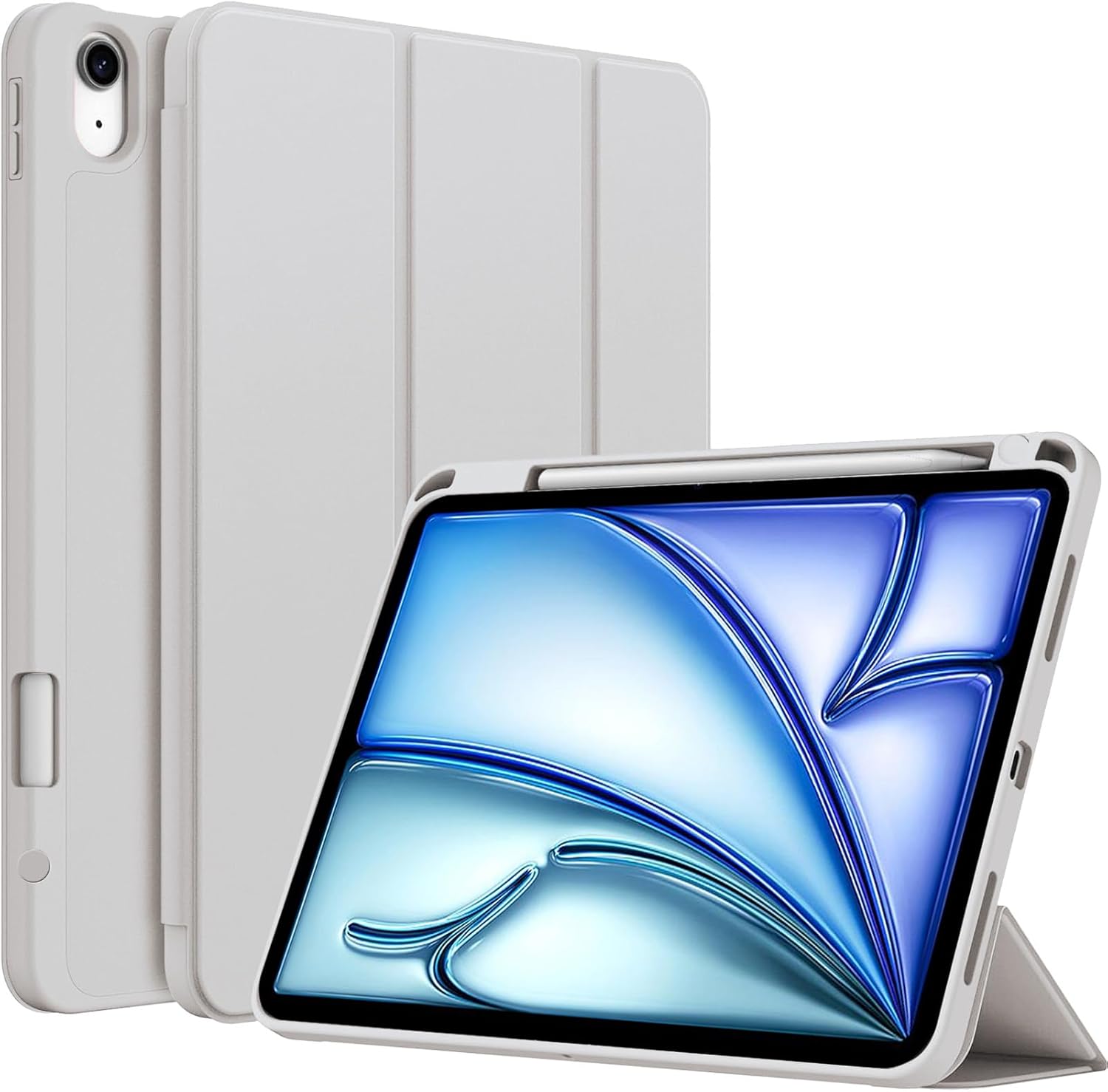 Husă compatibilă cu iPad Air 11 inch M3/M2 (2025/2024), iPad Air a 5-a/a 4-a generație 2022/2020, husă de protecție cu suport pentru stilou, suport triplu, activare/dezactivare automată a ecranului, argintie