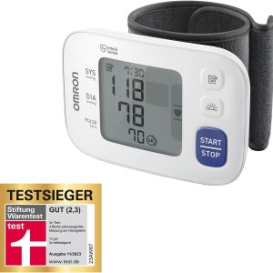 Tensiometru automat OMRON RS4 pentru încheietura mâinii, câștigător al testului Stiftung Warentest 11/2023, validat clinic, cu memorie, senzor de poziționare pentru măsurare precisă, control al poziției manșetei